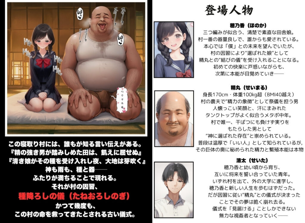 【因習村】村の飢饉を救うため差し出された僕の彼女、BMI40越えで性欲だけはいっちょまえの種付けおじさんに媚薬を飲まされ、おじさん特有のねちっこい前戯で全身べちょべちょに舐められたあげく、聖なる肉棒(チンカス付き)の掃除を実施! その後はついに処女おまんこにゴールイン!入念かつ丹念にがん突きにされ、イキまくりんぐ!一晩中汗だくで連続絶頂アクメを決めさせられた話。 「穂乃香ぁ〜、オラの精、まるごと受け止めてくんろぉ〜〜!」 サンプル画像1 【竿役が種付けおじさんじゃないとヌケないんだが・・・】